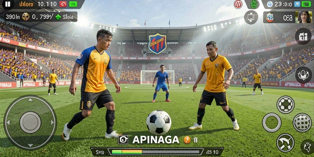 Screenshot gameplay APINAGA yang menampilkan aksi sepak bola seru.