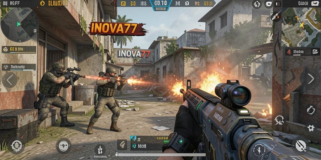 Tangkapan layar utama menunjukkan aksi intens gameplay FPS.