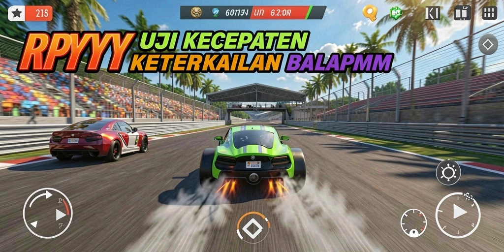 Screenshot RPYYY menampilkan mobil balap melaju kencang di lintasan spektakuler.